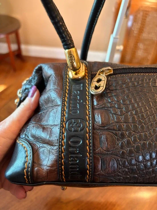 Beautiful Marino Orlandi Blk&Bwn Croc Embossed Leather Baguette Bag EUC! - Picture 2 of 8